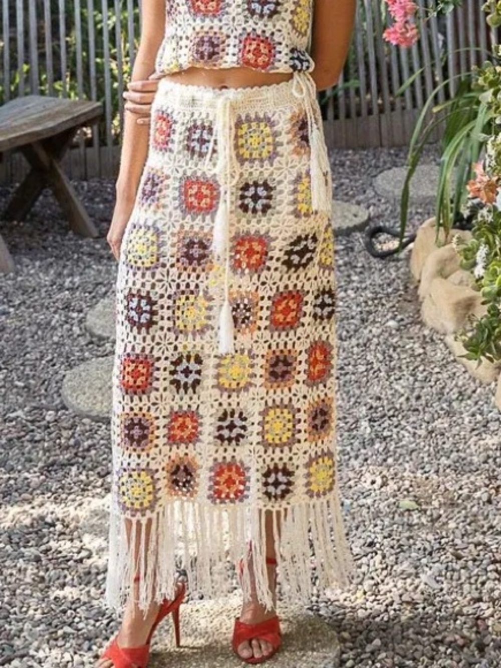 POL Crochet Midi Skirt in Cream with Red, Yellow, Brown & Blue Squares